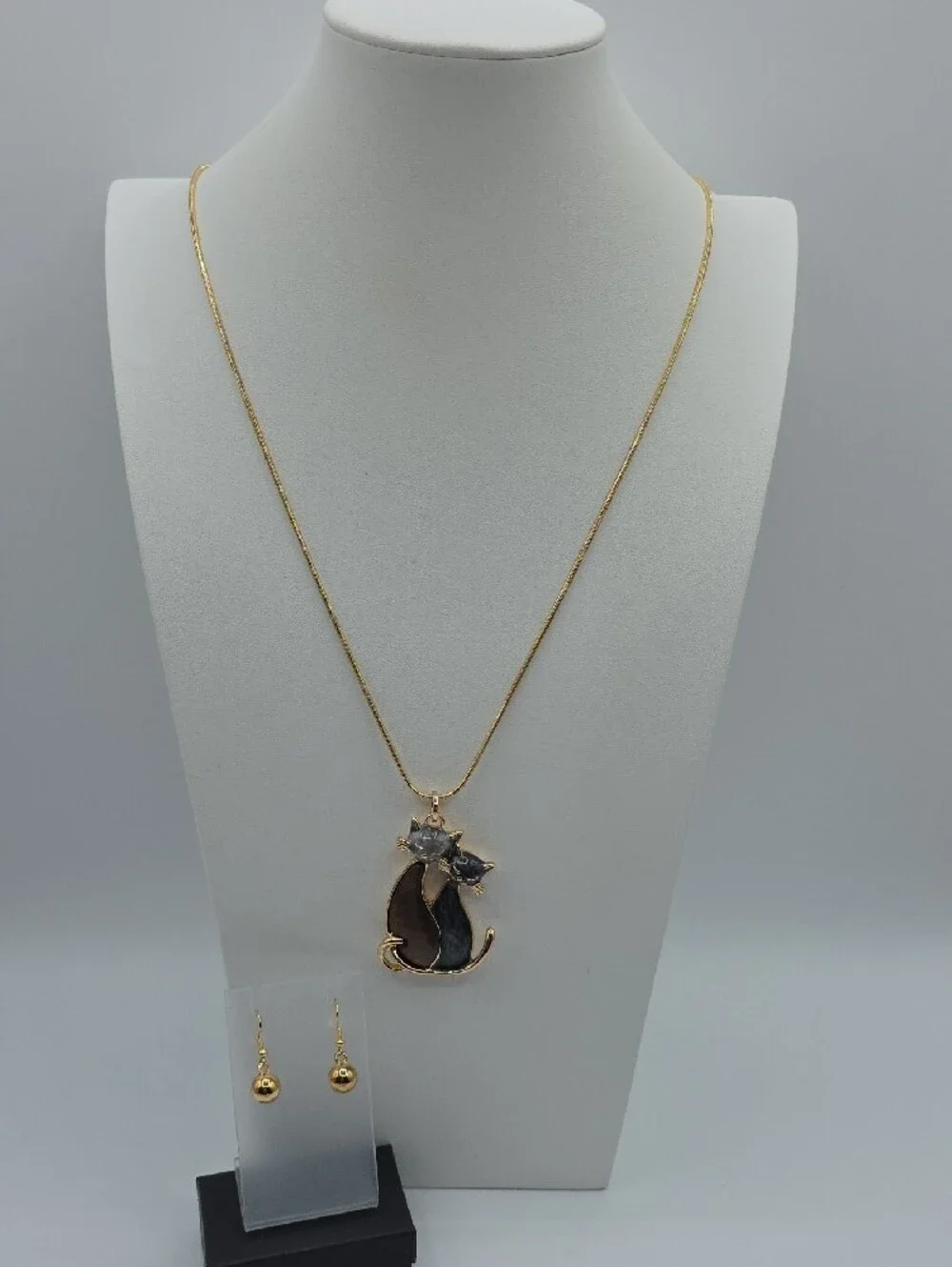 Dual Cat Pendant Necklace with Brown & Black Enamel Cats And Golden Earrings
